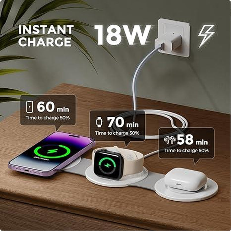 3-In-1 Hicober Wireless Charging Station, Magnetic Portable Charger Dock 18W for Iphone 15/Pro/Max/Plus, Iphone 14/13/12, Compatible with Apple Watch Series 9/Ultra 1, 2 and Airpods, Ideal for Travel and Holiday Presents